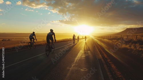 Triathletes Cycling at Sunrise on Open Road with Stunning Sky for Early Morning Dedication Concept © spyrakot