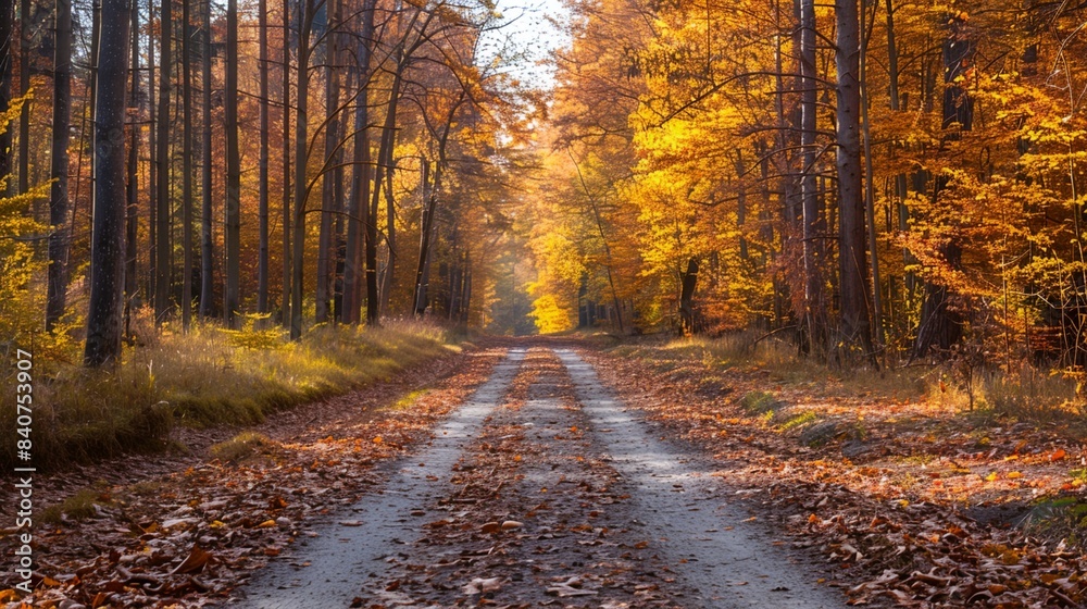 Obraz premium a dirt road surrounded by trees with leaves on the ground