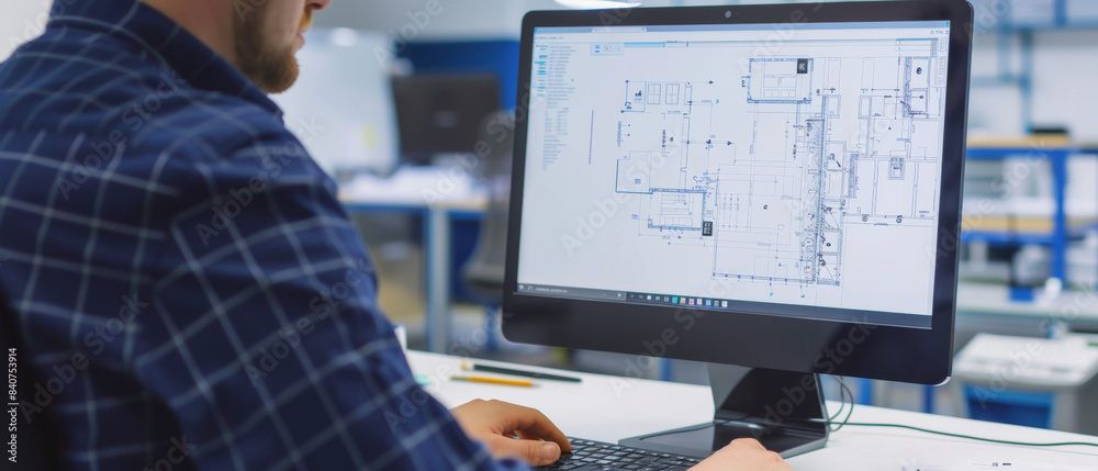 custom made wallpaper toronto digitalA man in an office environment working on architectural blueprints displayed on a large computer screen.