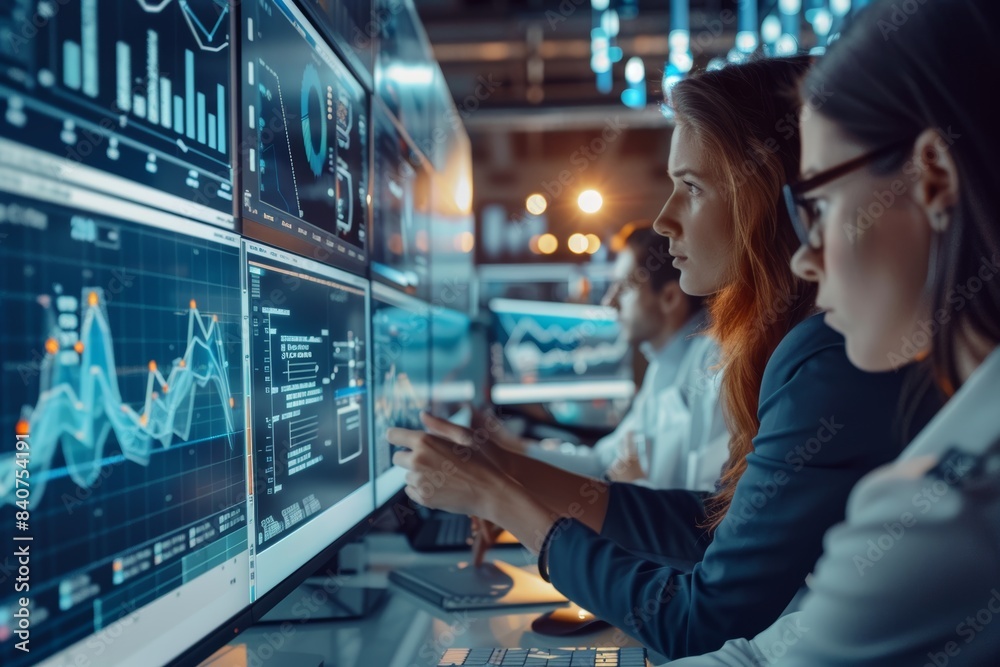 Team of Business Analysts Examining Data on Multiple Screens in Modern Office Environment Team of Business Analysts Examining Data on Multiple Screens in Modern Office Environment