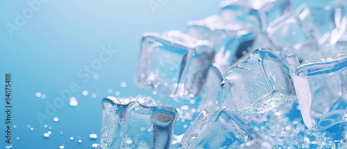 Gleaming ice cubes sparkle with moisture, creating a sense of cool refreshment amidst a soft, blue-hued background.