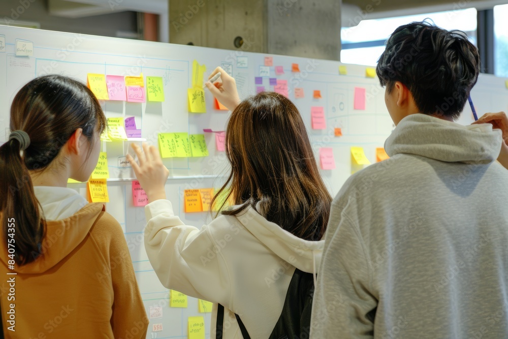 Creative Student Brainstorming Session, Engaging Idea Generation on Whiteboard with Sticky Notes for Class Project Creative Student Brainstorming Session, Engaging Idea Generation on Whiteboard with Sticky Notes for Class Project