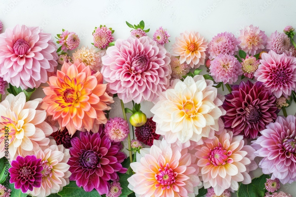 Delicate, colorful blooming flowers, Elegant and vibrant Watercolor Dahlia Bunch featuring assorted blooms against a white backdrop