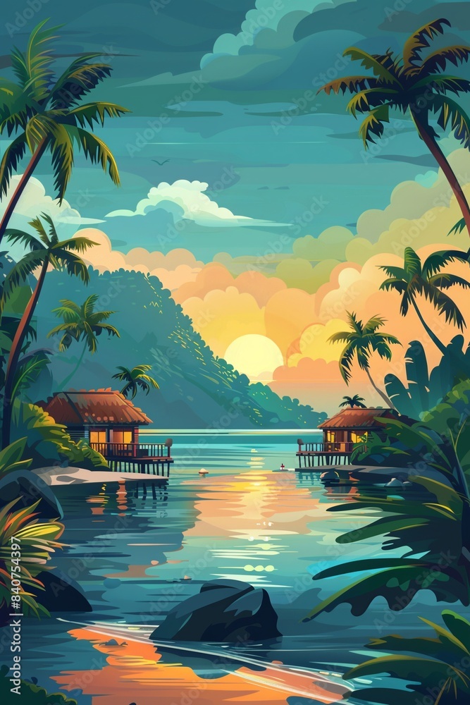 Fototapeta premium Vector illustration of beautiful scenic landscape of tropical sea beach.