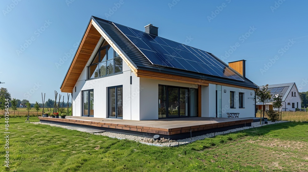 Minimalist house with a beautiful garden using a photovoltaic roof system. Modern eco-friendly passive house with solar panels. Minimalist house with a beautiful garden using a photovoltaic roof system. Modern eco-friendly passive house with solar panels.