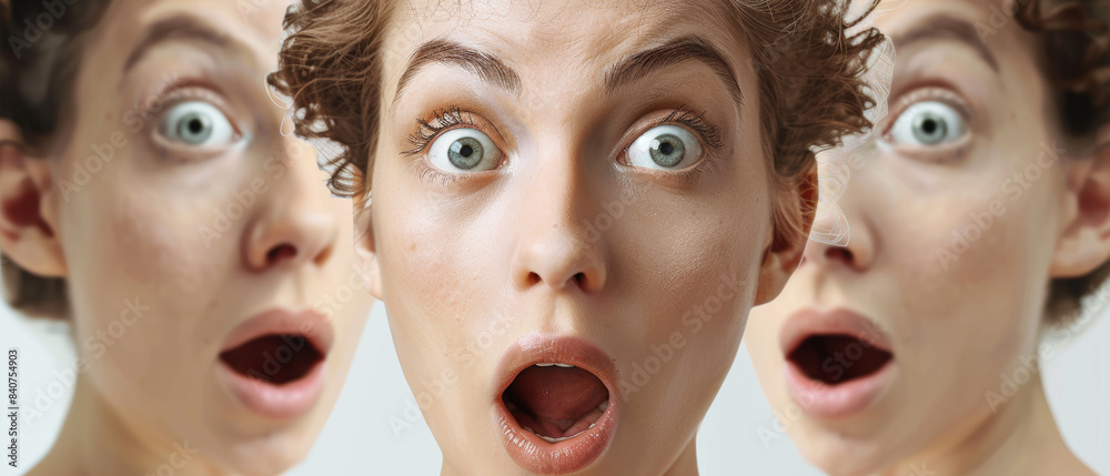 A close-up of a woman's surprised face, exemplifying a wide-eyed, mouth-open expression, highlighting intense shock or amazement. A close-up of a woman's surprised face, exemplifying a wide-eyed, mouth-open expression, highlighting intense shock or amazement.