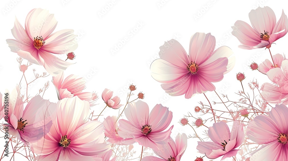Vibrant pink blooming flowers, Elegant vector illustration of beautiful flowers against a pristine white background Vibrant pink blooming flowers, Elegant vector illustration of beautiful flowers against a pristine white background