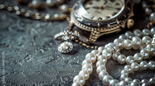silver jewelry including rings, earrings and a necklace with pearls on a black background with reflection. A white gold bracelet with diamonds and a woman's watch.