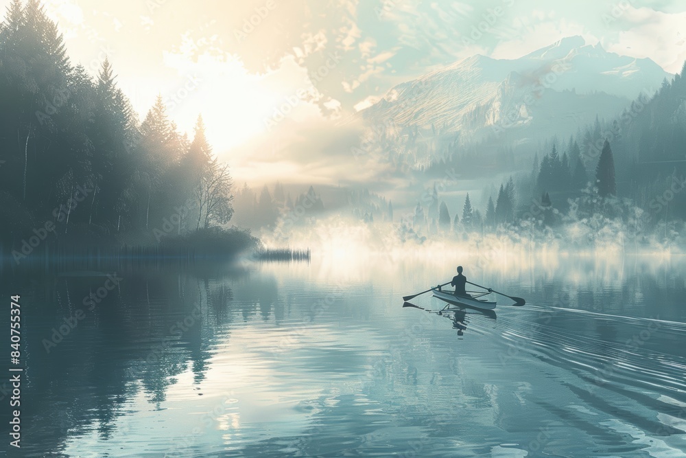 Single Rower Training on Serene Lake at Dawn with Misty Mountains and Soft Morning Light Single Rower Training on Serene Lake at Dawn with Misty Mountains and Soft Morning Light