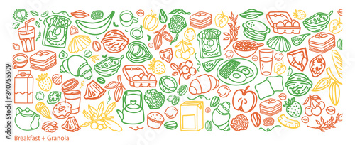 Breakfast hand drawn ingredients vector set. Crunches. Morning meal menu design. Collection of dishes for breakfast and brunch. Sketch. Fresh vegetables, cheese, scrambled eggs, bacon, coffee.