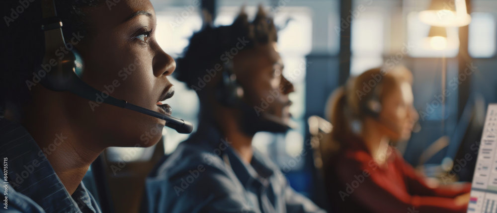 Focused and intense, a call center team wearing headsets work diligently in a modern office environment. Focused and intense, a call center team wearing headsets work diligently in a modern office environment.