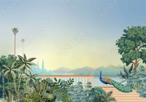 Traditional Mughal landscape wallpaper illustrations. Mughal palace Jaipur in Rajasthani style wallpaper.