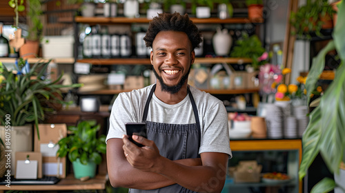 Business Owner Smiling While Holding a Smartphone