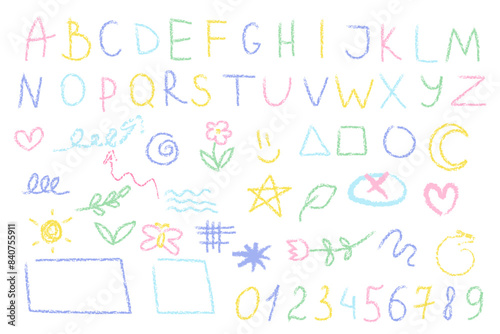 Colored numbers, letters alphabet scribbles wax crayon, kids drawings on white background. Hand drawing.