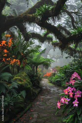 Beautiful colorful flowers in deep tropical rainforest with green plants, moss, ferns.
