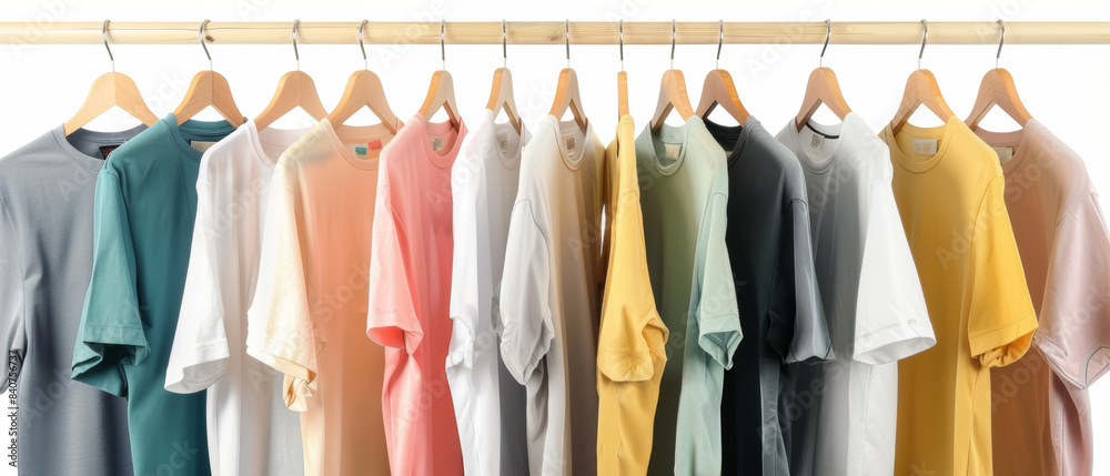 A colorful array of neatly hung t-shirts on wooden hangers, displaying a variety of vibrant and pastel hues in a store. A colorful array of neatly hung t-shirts on wooden hangers, displaying a variety of vibrant and pastel hues in a store.