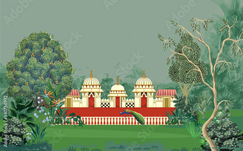 Traditional Mughal landscape wallpaper illustrations. Mughal palace Jaipur in Rajasthani style wallpaper.