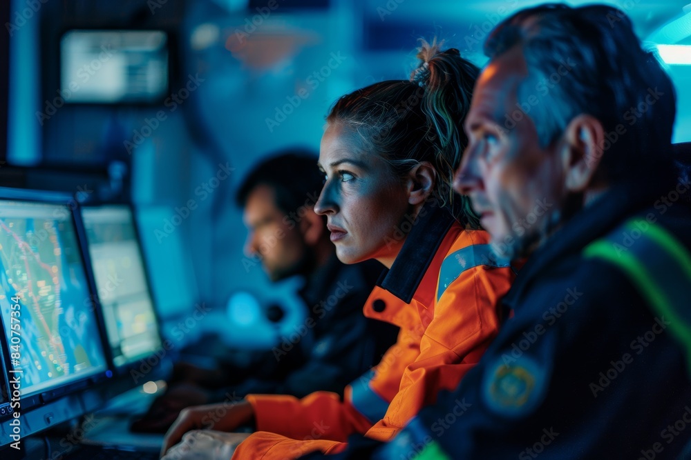 Obraz premium Emergency Responders Coordinating Disaster Response Efforts in Operational Center for Crisis Management