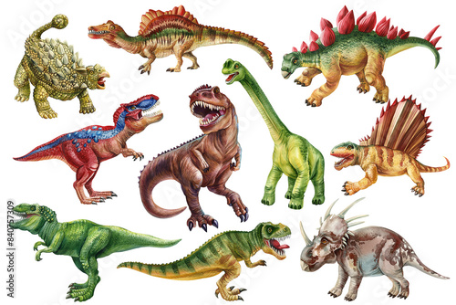 Realistic dinosaur isolated on white background. Hand painted watercolor dinosaurs illustration set. Dino clipart