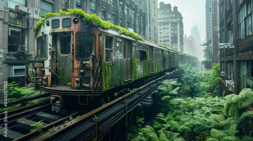 Naklejka premium Abandoned subway train with city debris with green plants growing. Post apocalypse scene.
