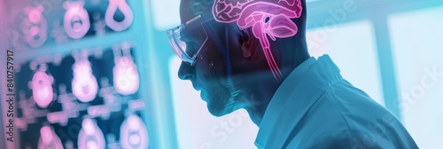 Doctor conducting a rare and specialized neurological assessment procedure with a modern,futuristic sci-fi tone and pastel colored medical imagery in the background. photo