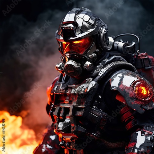 cyborg firefighter with heat resistant armor water cannon arm at