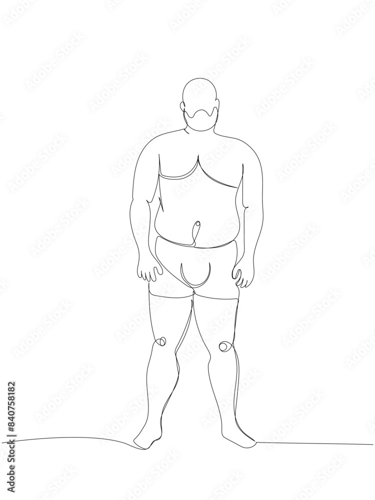 obese man bare-chested and in underwear one line art. Continuous line drawing of body positive, overweight, plus size model, XL, health, fashion, self acceptance. obese man bare-chested and in underwear one line art. Continuous line drawing of body positive, overweight, plus size model, XL, health, fashion, self acceptance.