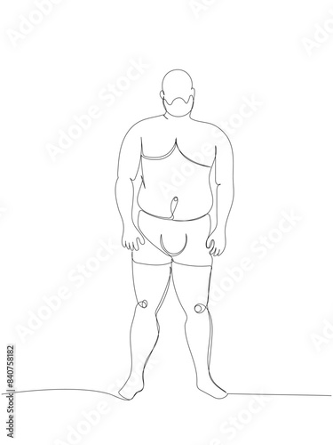 obese man bare-chested and in underwear one line art. Continuous line drawing of body positive, overweight, plus size model, XL, health, fashion, self acceptance.