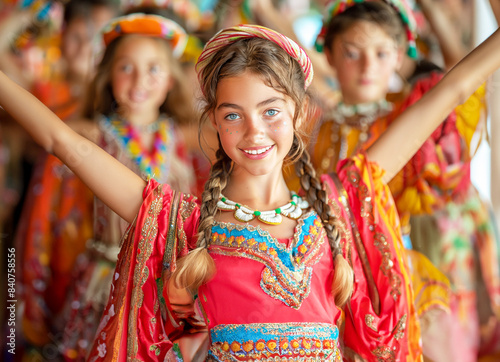 Smiling young girl in vibrant traditional costume with braided hair and raised arms, participating in a cultural dance performance.