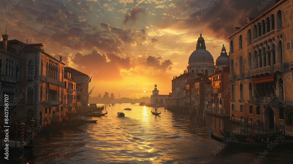 Naklejka premium Venetian grand canal at sunset with a sky transitioning from black to golden orange. Birds fly overhead, European-style buildings line the canal, boats sail and reflect the sunset's hues.