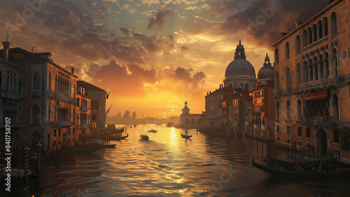 
Venetian grand canal at sunset with a sky transitioning from black to golden orange. Birds fly overhead, European-style buildings line the canal, boats sail and reflect the sunset's hues. photo