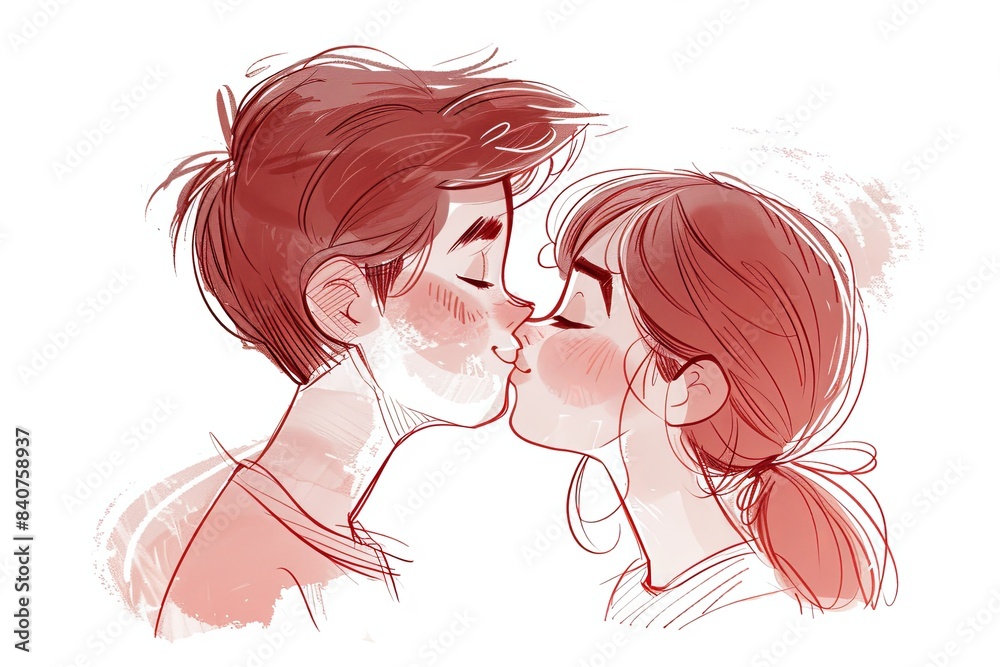 Warm-toned illustration of a young couple sharing a tender kiss, capturing the essence of young love Warm-toned illustration of a young couple sharing a tender kiss, capturing the essence of young love