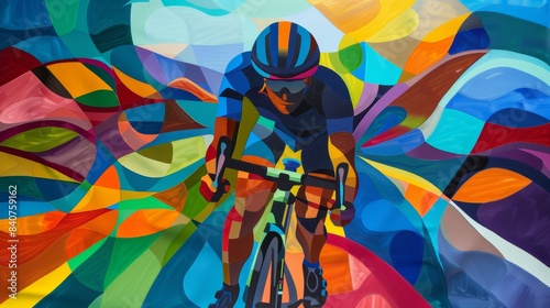 Dynamic Abstract Artwork Depicting a Triathlete's Journey with Bold Colors and Expressive Shapes