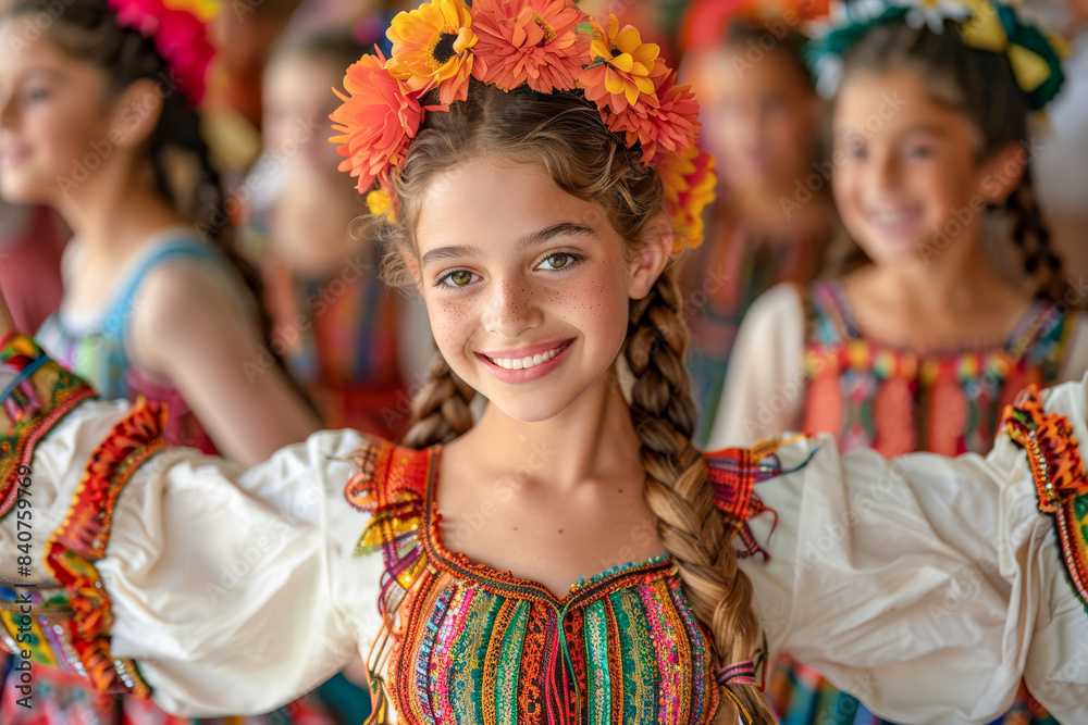 Joyful young girl in a colorful traditional dress and flower crown, participating in a lively cultural dance performance. Joyful young girl in a colorful traditional dress and flower crown, participating in a lively cultural dance performance.