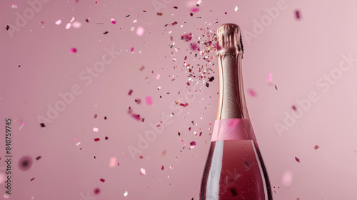A champagne bottle pops open, releasing a burst of confetti, celebrating a moment of joy and festivity on a pink background. photo