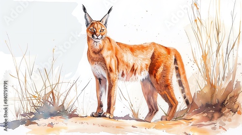 Watercolor painting of a Caracal sitting in the desert.