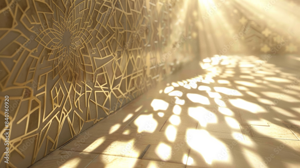 Obraz premium Sunlight streams through an intricately patterned screen, casting delicate shadows on the floor and creating a serene and golden ambiance.