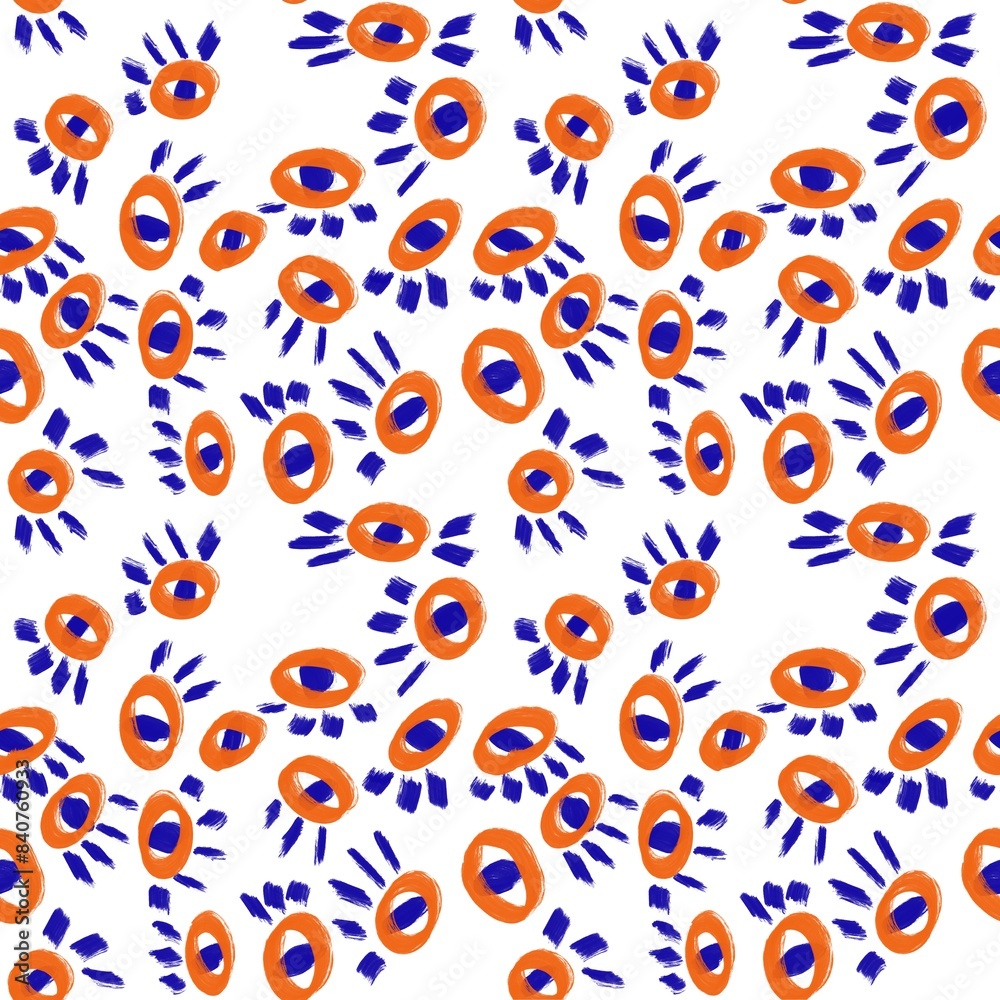 Fototapeta premium Seamless abstract geometric pattern. Blue, orange, white. Digital brush strokes. Circles, ovals, eyes. Design for textile fabrics, wrapping paper, background, wallpaper, cover.