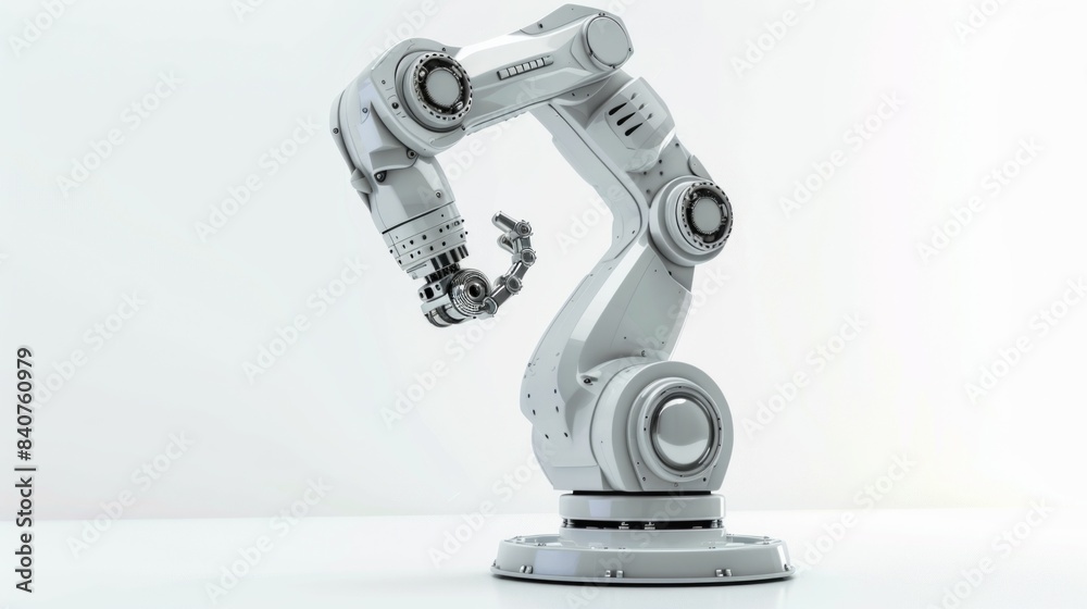 Automation factory industry 4.o concept with one robotic arm on light background with empty space Automation factory industry 4.o concept with one robotic arm on light background with empty space
