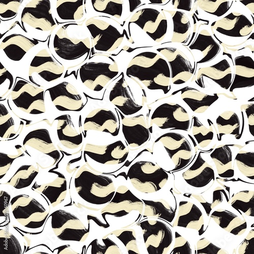 Seamless abstract geometric pattern. Black, beige, white. Lines, stains, ovals, dots. Digital brush strokes. Design for textile fabrics, wrapping paper, background, wallpaper, cover.