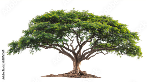 A large tree with sprawling branches and a dense canopy of green leaves  standing alone against a white background.