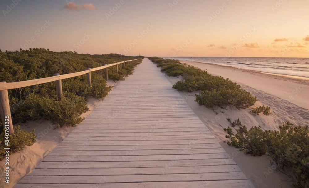 Obraz premium Long Boardwalk to White Sand Beach and Ocean at Sunset with Shrubs on Sides