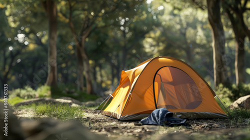 An orange tent stands surrounded by the serene beauty of a sun-dappled forest, inviting peaceful outdoor relaxation.