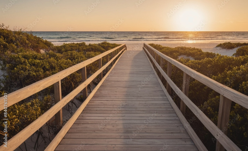 Fototapeta premium Long Boardwalk to White Sand Beach and Ocean at Sunset with Shrubs on Sides