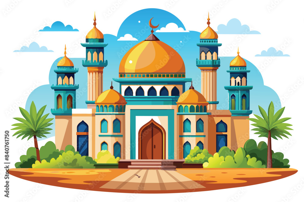 Islamic cartoon design, mosque illustration with beautiful cloud and sun view Islamic cartoon design, mosque illustration with beautiful cloud and sun view