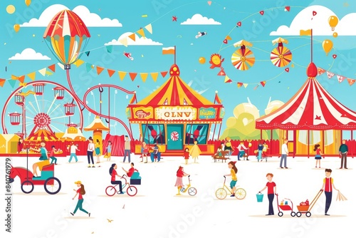 Colorful amusement park scene, Playful carnival design with room for text, capturing the excitement of a bustling fair with rides and games © SaroStock