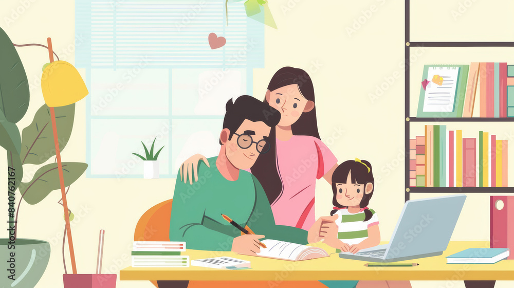 A cheerful family of three enjoys a home learning session, with the father diligently taking notes as the mother and daughter watch with smiles. A cheerful family of three enjoys a home learning session, with the father diligently taking notes as the mother and daughter watch with smiles.