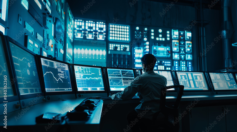 A technician sits at a high-tech control panel with multiple screens displaying data and graphs, working in a modern, illuminated control room. A technician sits at a high-tech control panel with multiple screens displaying data and graphs, working in a modern, illuminated control room.