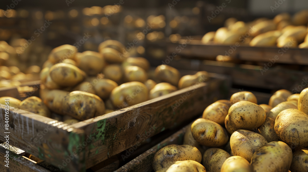 Wooden crates filled with freshly harvested potatoes bask in gentle sunlight, capturing the essence of rural farmland and agricultural abundance. Wooden crates filled with freshly harvested potatoes bask in gentle sunlight, capturing the essence of rural farmland and agricultural abundance.