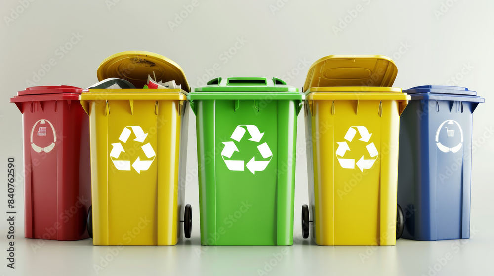 A row of colorful recycling bins stand in a clean, bright environment, promoting environmental conservation and waste segregation. A row of colorful recycling bins stand in a clean, bright environment, promoting environmental conservation and waste segregation.